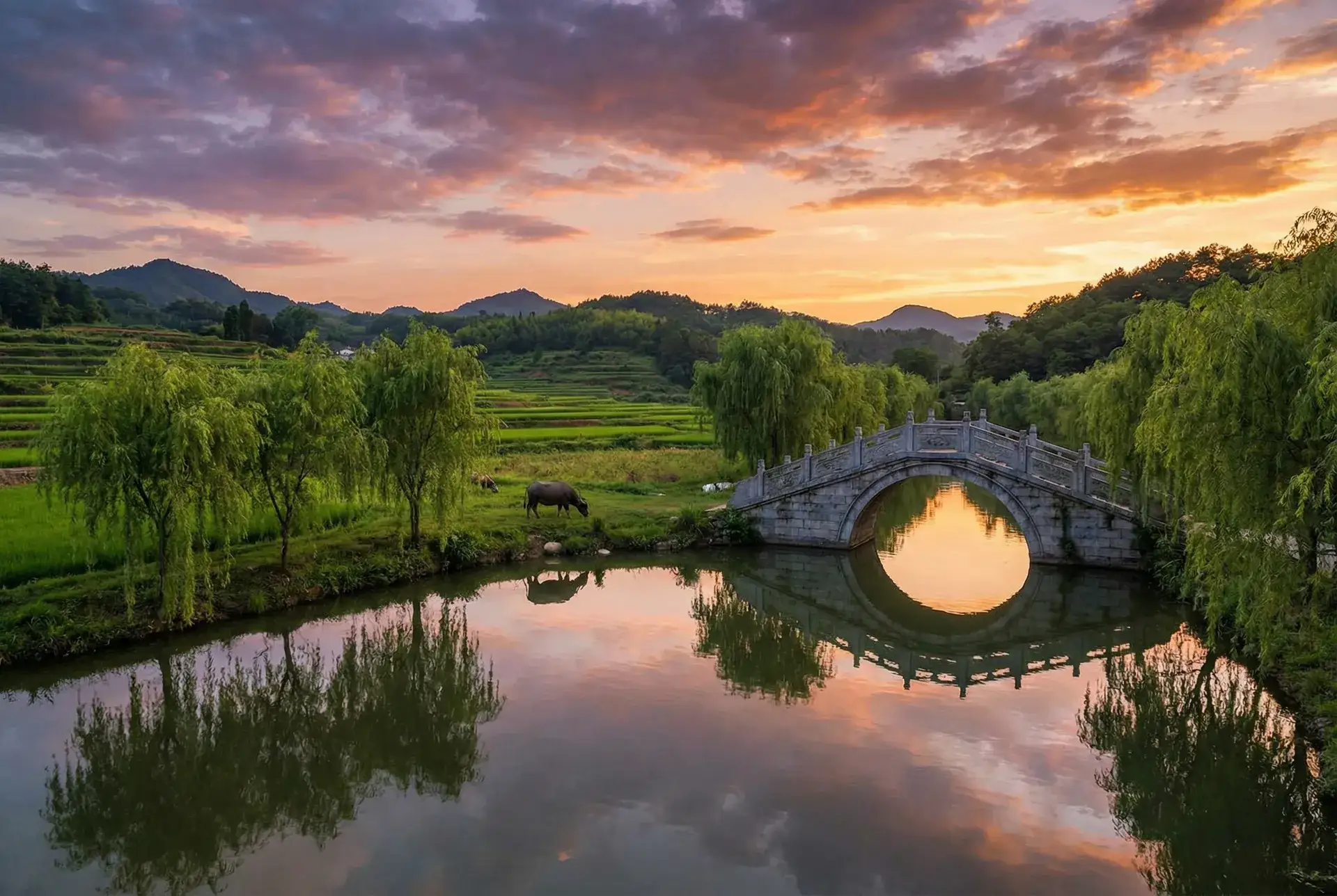 夕阳下的石拱桥与垂柳，水牛在河边吃草 - 回家的路有多远电视剧 乡村美景